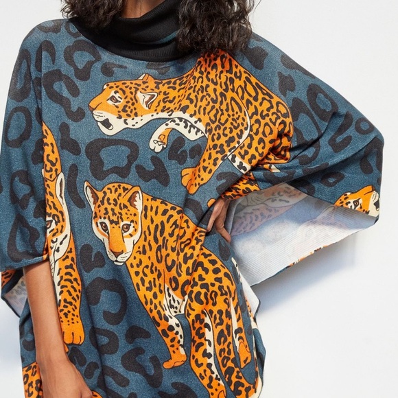 Anthropologie Conditions Apply Leopard Turtleneck Poncho Sweater - Picture 2 of 7